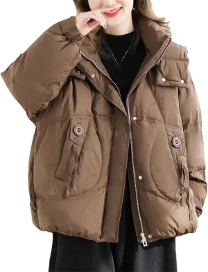 Women Hooded Stand Collar Down Jacket Zipper Loose Vintage Pockets Short Parka Coat
