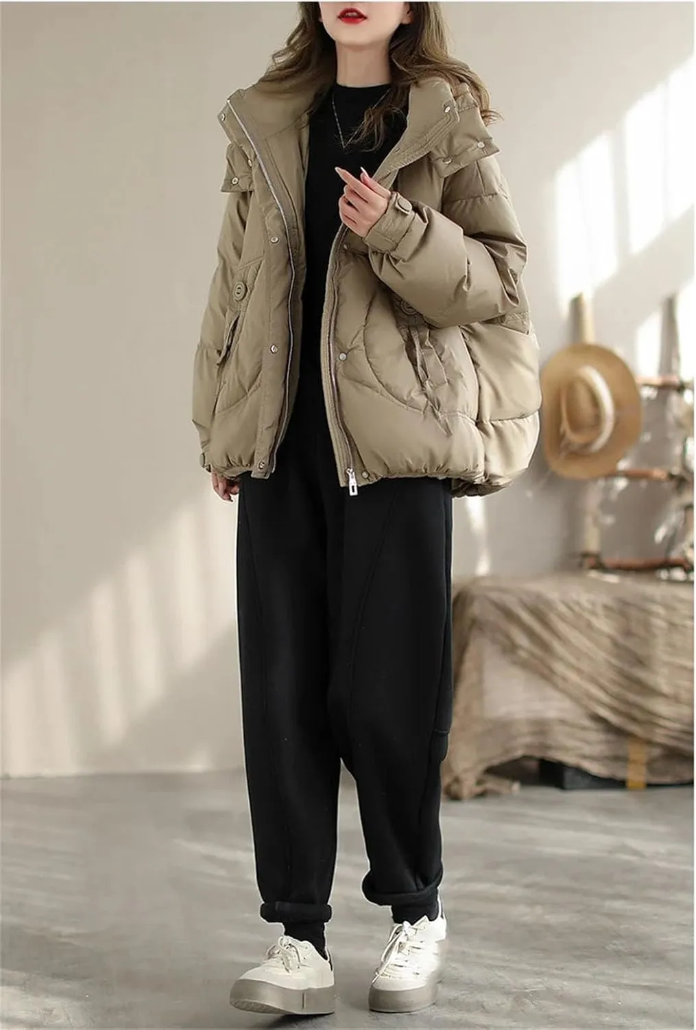 Women Hooded Stand Collar Down Jacket Zipper Loose Vintage Pockets Short Parka Coat