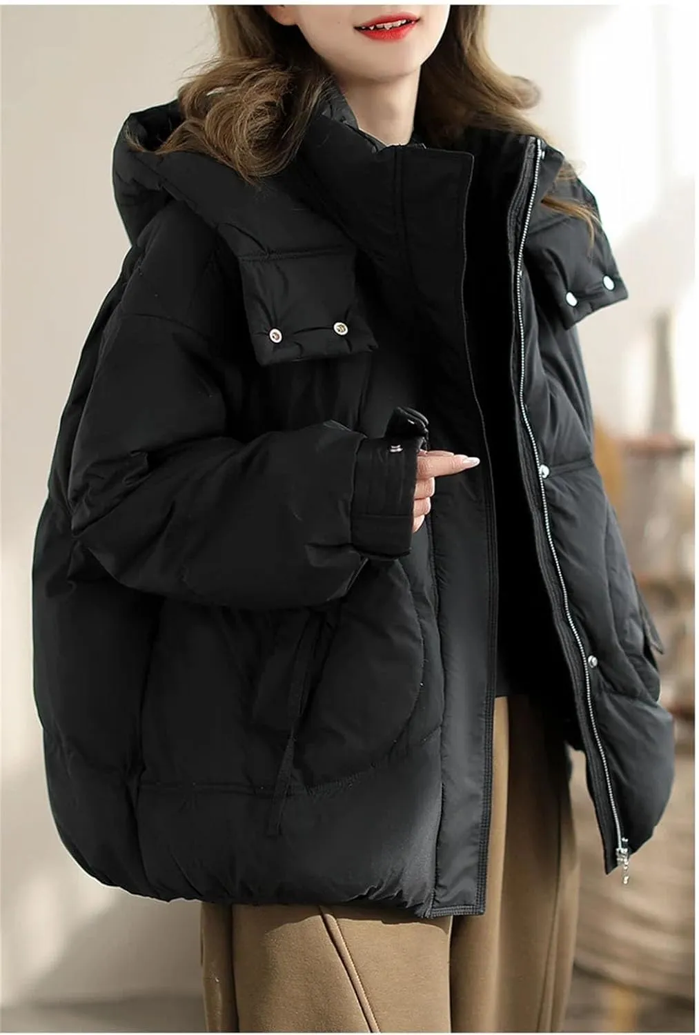 Women Hooded Stand Collar Down Jacket Zipper Loose Vintage Pockets Short Parka Coat