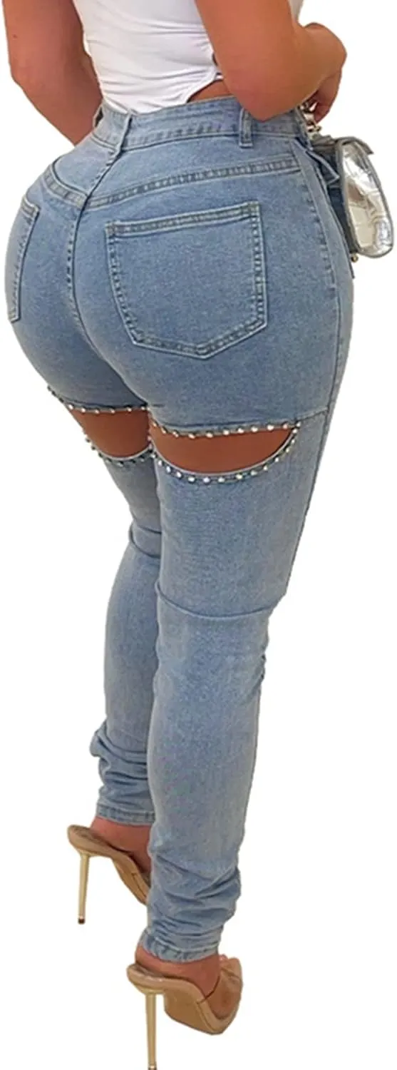 Women Jeans Distressed Slim Fit Ripped Denim Pants Comfy Stretch Skinny Jeans