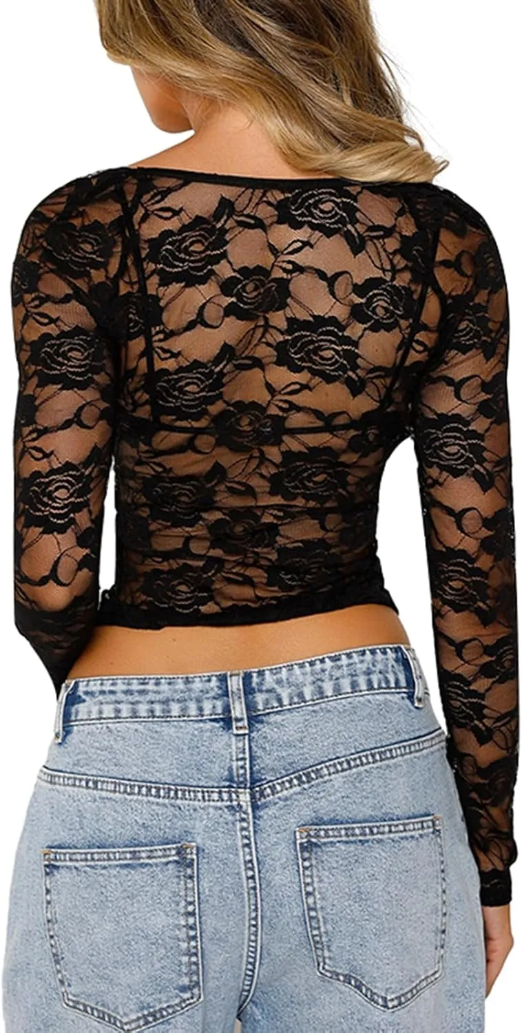 Women Long Sleeve Lace Mesh Top Slim Fit See Through Crop Shirt Y2k Low Cut Sheer Lace Shirts Blouse