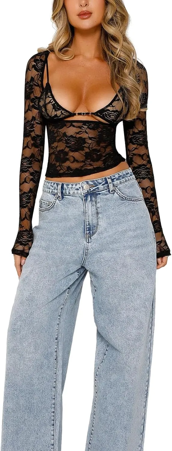 Women Long Sleeve Lace Mesh Top Slim Fit See Through Crop Shirt Y2k Low Cut Sheer Lace Shirts Blouse