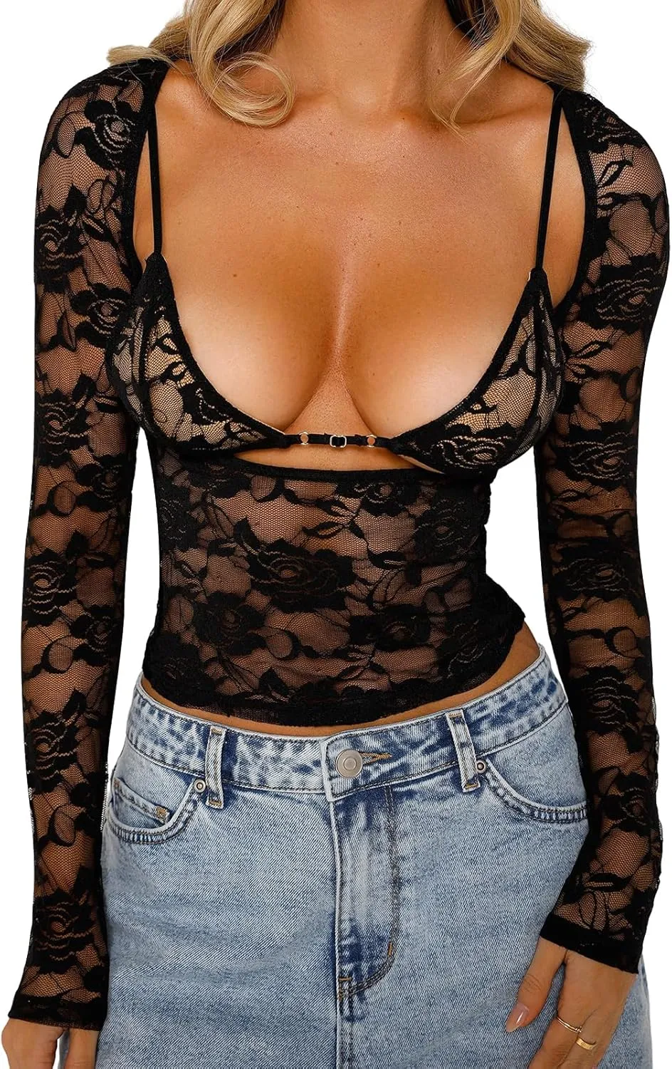 Women Long Sleeve Lace Mesh Top Slim Fit See Through Crop Shirt Y2k Low Cut Sheer Lace Shirts Blouse