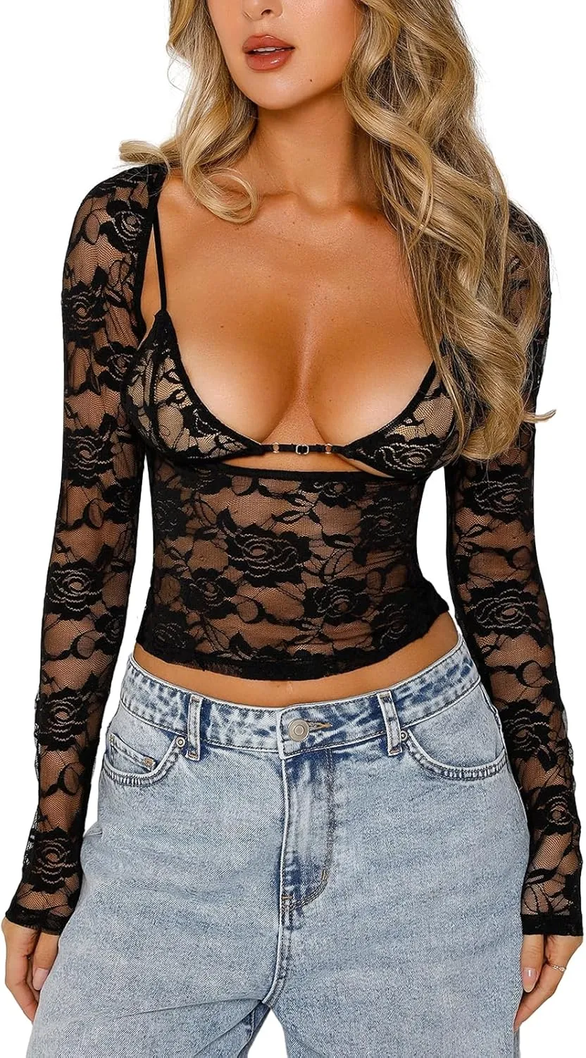 Women Long Sleeve Lace Mesh Top Slim Fit See Through Crop Shirt Y2k Low Cut Sheer Lace Shirts Blouse