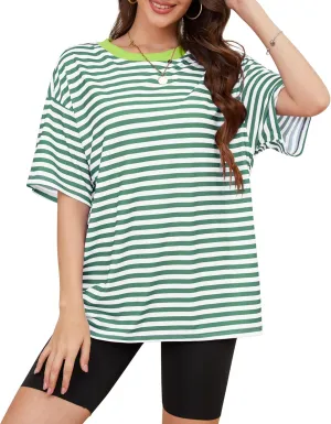 Women Oversized Striped Short Sleeve T Shirts Workout Athletic Loose Tops Crew Neck Basic Shirt Casual Top Tee