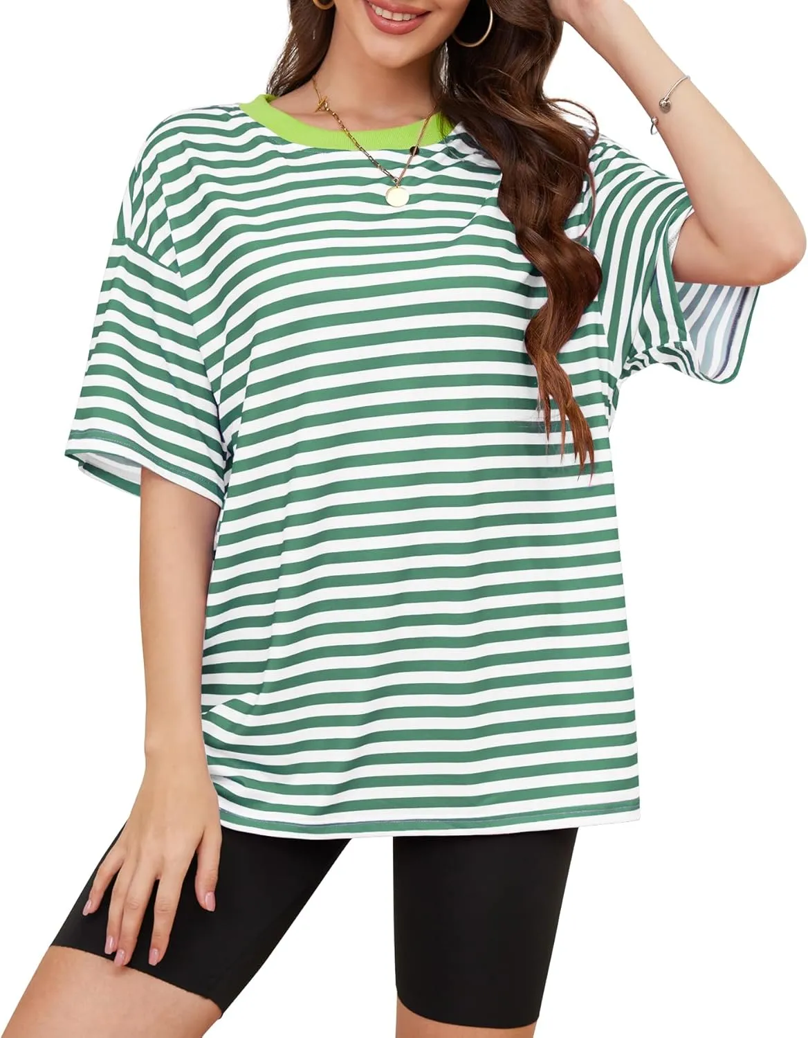 Women Oversized Striped Short Sleeve T Shirts Workout Athletic Loose Tops Crew Neck Basic Shirt Casual Top Tee