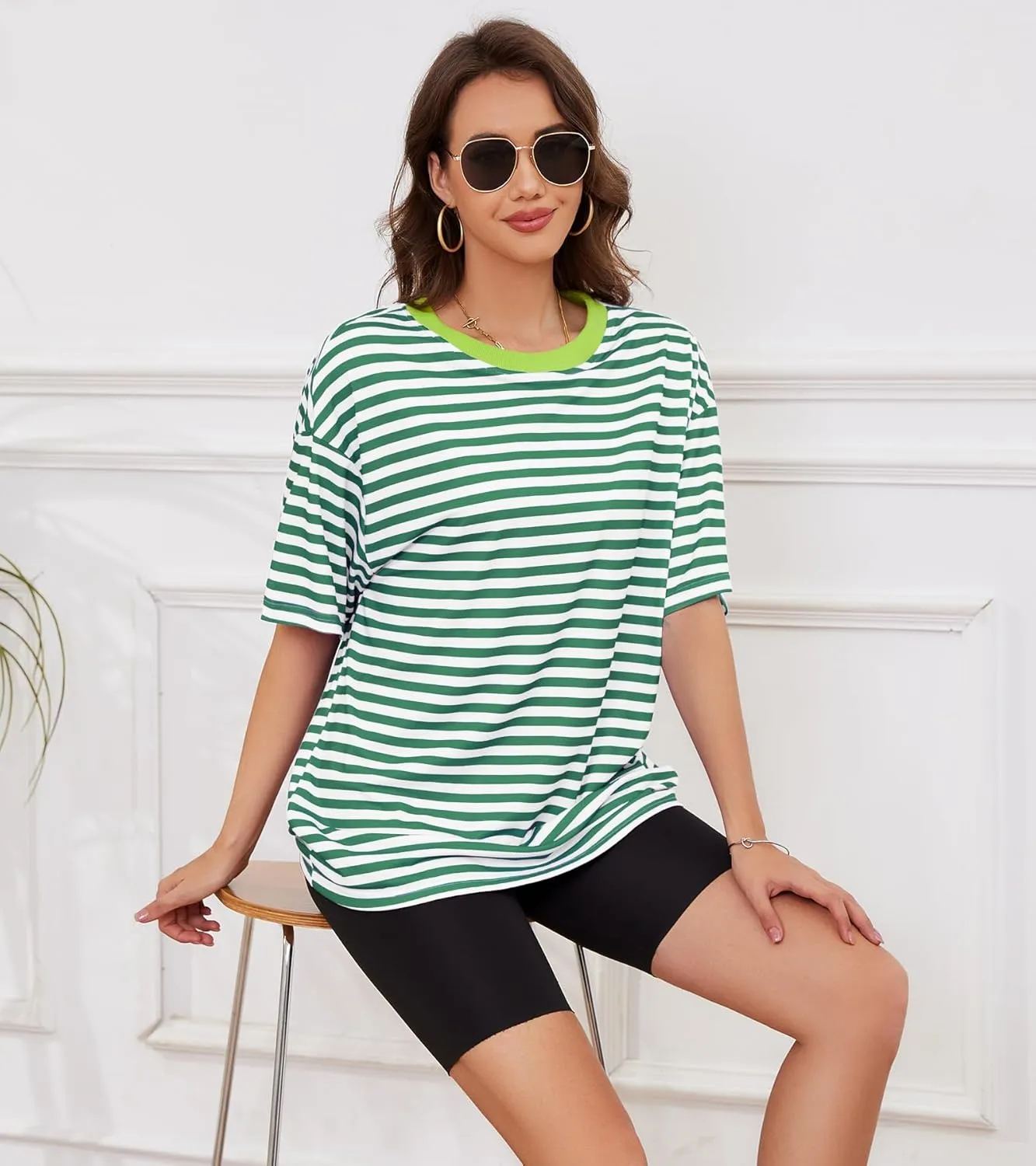 Women Oversized Striped Short Sleeve T Shirts Workout Athletic Loose Tops Crew Neck Basic Shirt Casual Top Tee