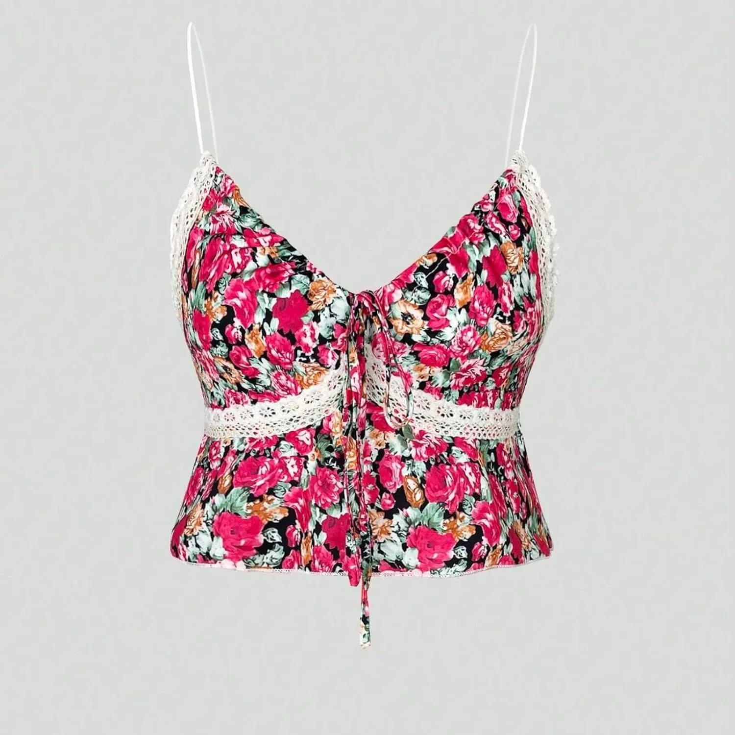 Women Y2K Coquette Floral Print Tie Front Crop Cami Top Spaghetti Strap V Neck Slim Fit Ruffle Hem Cropped Tank