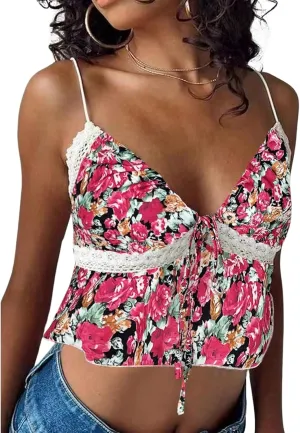 Women Y2K Coquette Floral Print Tie Front Crop Cami Top Spaghetti Strap V Neck Slim Fit Ruffle Hem Cropped Tank