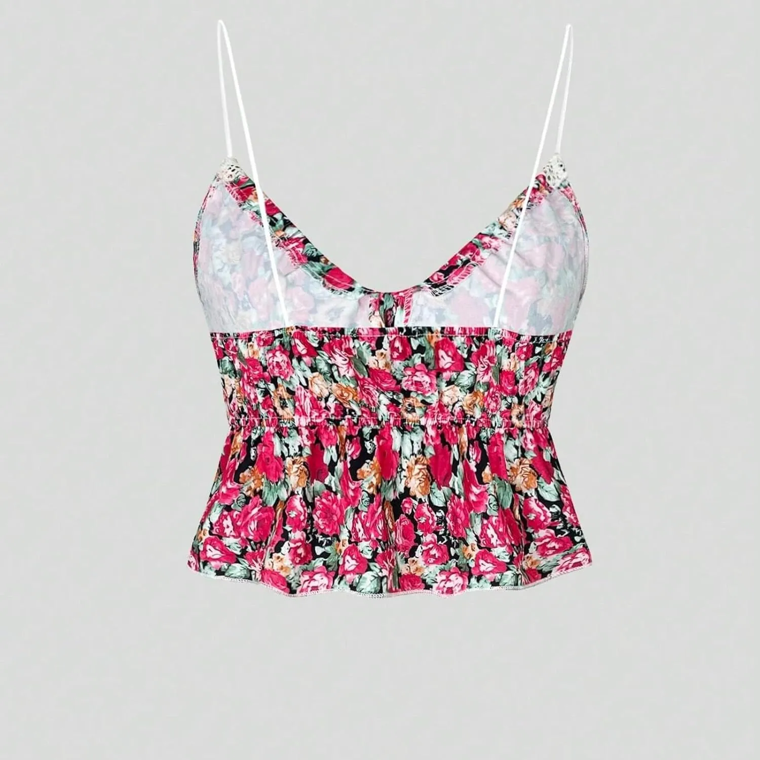 Women Y2K Coquette Floral Print Tie Front Crop Cami Top Spaghetti Strap V Neck Slim Fit Ruffle Hem Cropped Tank