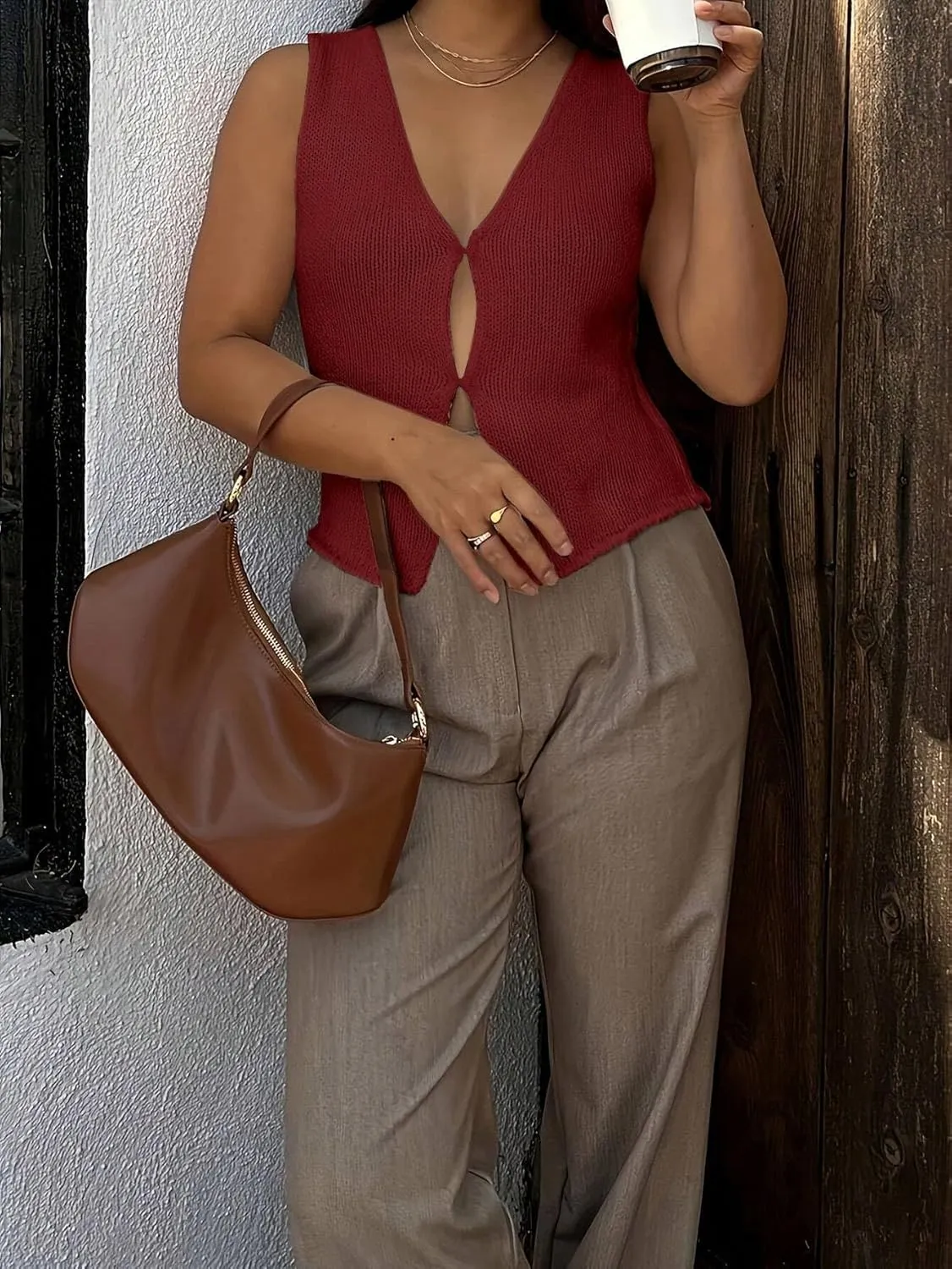 Women Y2k Hook and Eye V Neck Knit Vest Top Sleeveless Solid Slim Fit Causal Vintage Crochet Sweater Tank Top