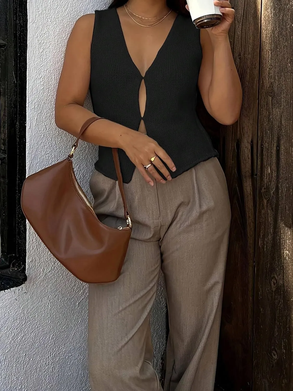 Women Y2k Hook and Eye V Neck Knit Vest Top Sleeveless Solid Slim Fit Causal Vintage Crochet Sweater Tank Top