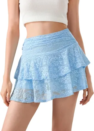 Women Y2k Lace Mini Skirt Sexy Ruffle Half Slip Skirt Low Rise Layered Pleated A Line Short Underskirt Streetwear