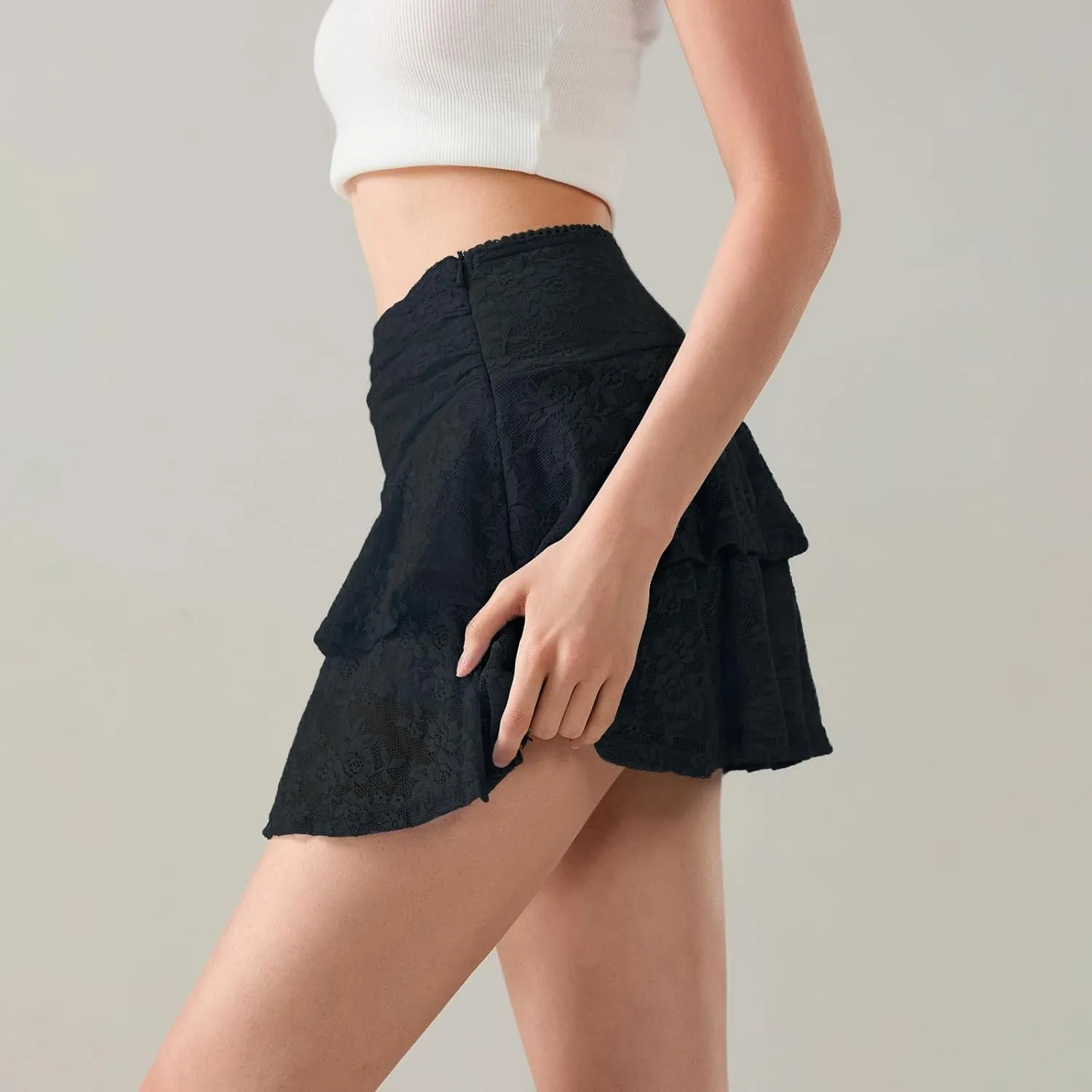 Women Y2k Lace Mini Skirt Sexy Ruffle Half Slip Skirt Low Rise Layered Pleated A Line Short Underskirt Streetwear