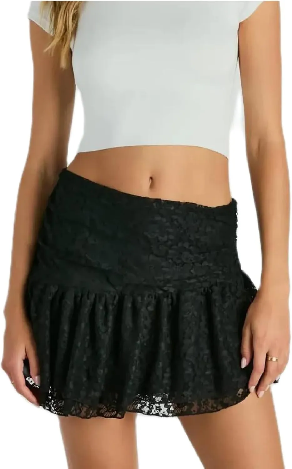 Women Y2k Lace Mini Skirt Sexy Tiered Flowy Ruffle Half Slip Skirt Low Rise Layered Pleated Short Skirt Underskirt