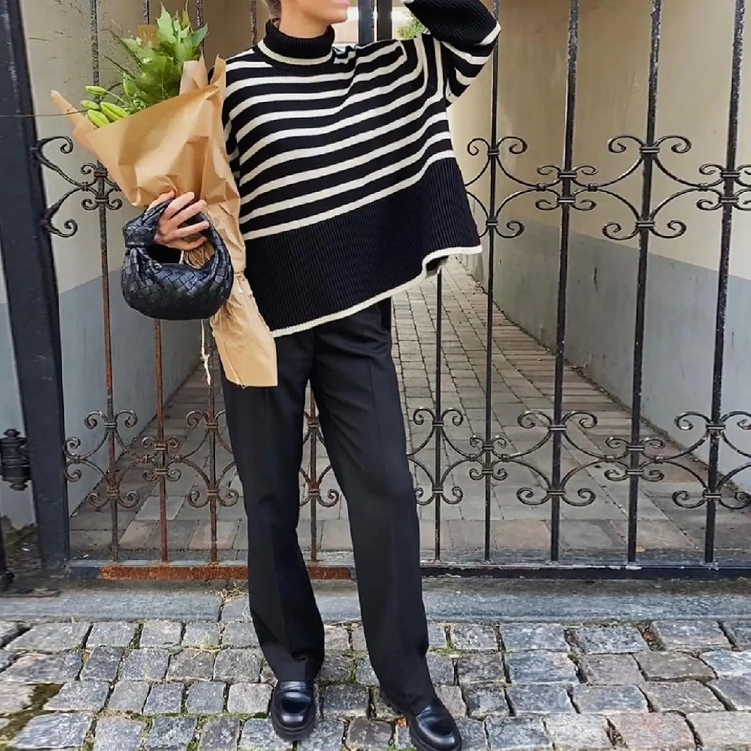 Women Y2K Turtleneck Striped Oversized Sweater Long Sleeve Color Block Poncho Sweater Fall Winter Pullover Jumper Tops
