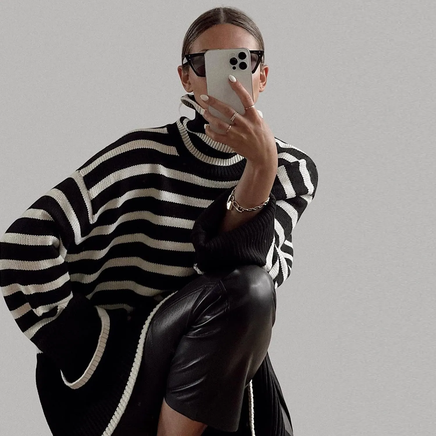 Women Y2K Turtleneck Striped Oversized Sweater Long Sleeve Color Block Poncho Sweater Fall Winter Pullover Jumper Tops