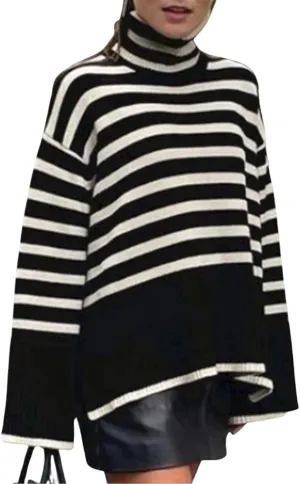 Women Y2K Turtleneck Striped Oversized Sweater Long Sleeve Color Block Poncho Sweater Fall Winter Pullover Jumper Tops