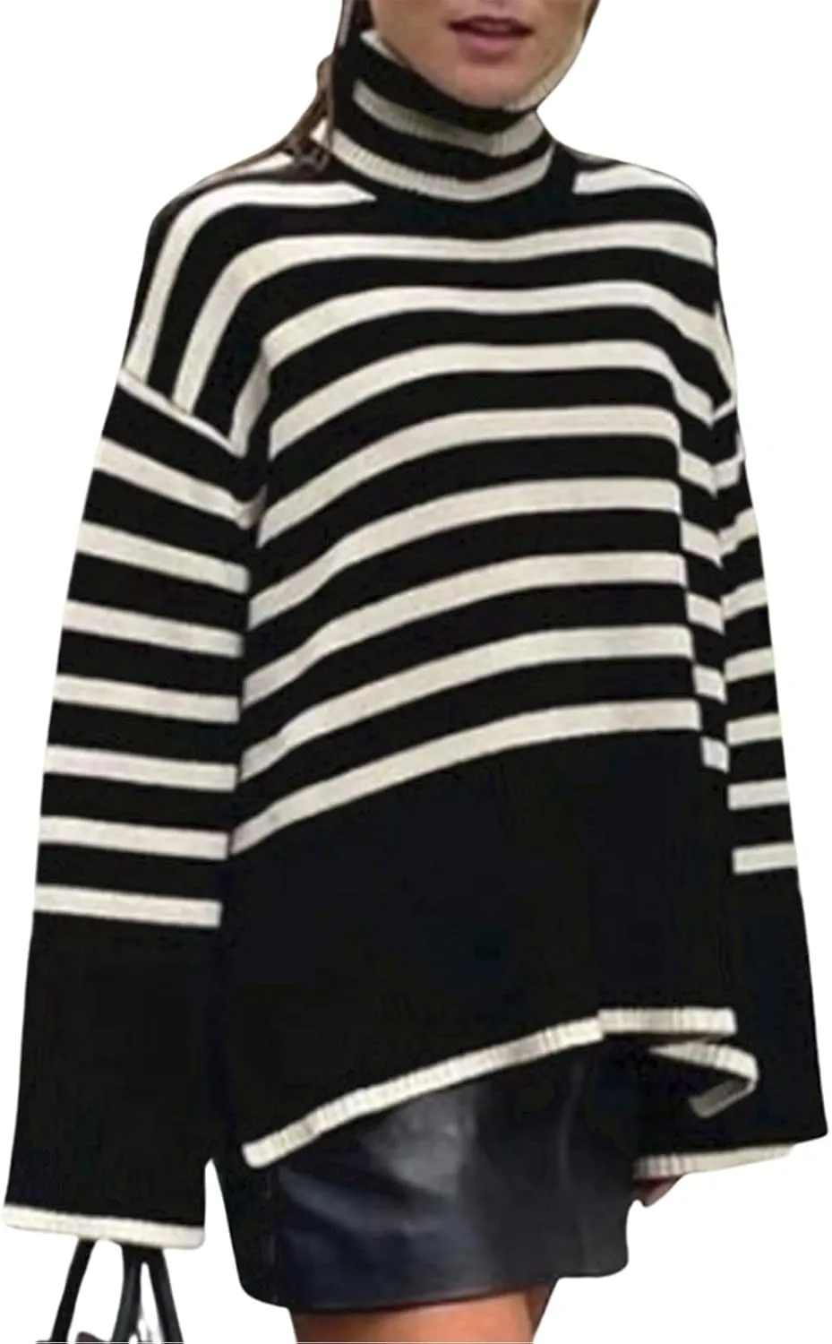 Women Y2K Turtleneck Striped Oversized Sweater Long Sleeve Color Block Poncho Sweater Fall Winter Pullover Jumper Tops