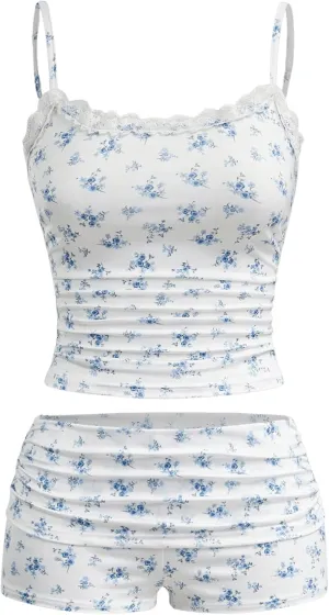 Women's 2 Piece Outfits Floral Print Ruched Lace Cami Crop Top and Mini Shorts Set
