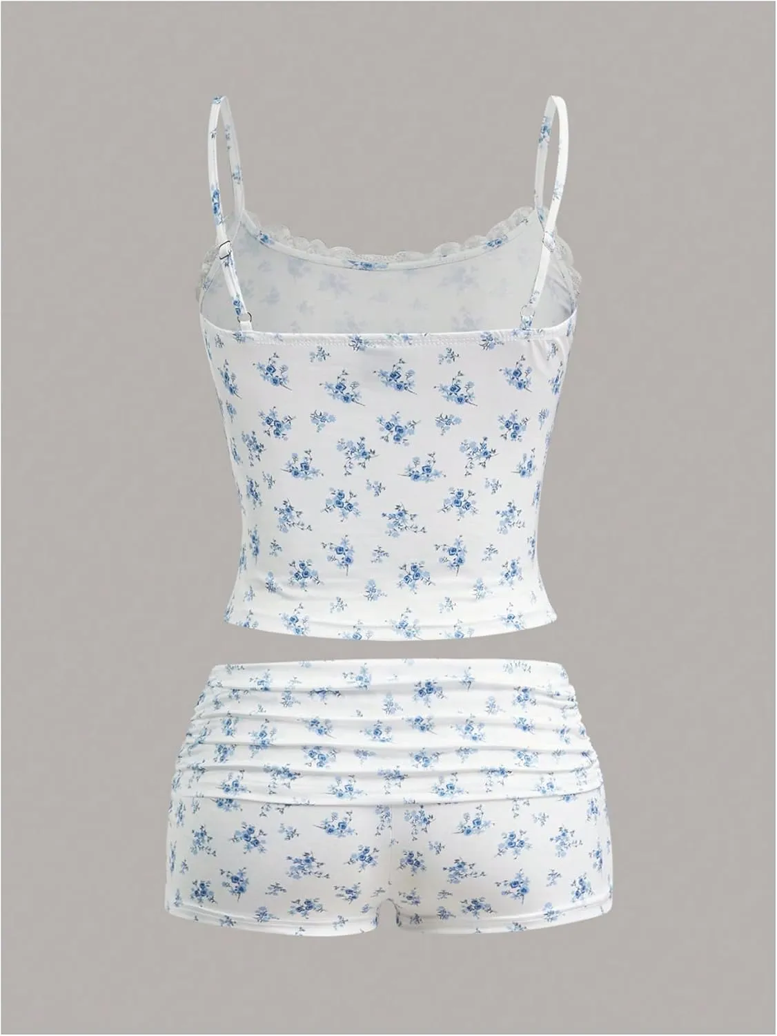Women's 2 Piece Outfits Floral Print Ruched Lace Cami Crop Top and Mini Shorts Set