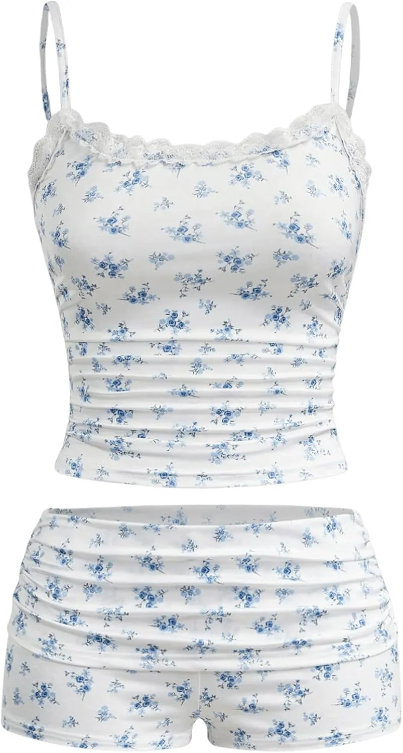 Women's 2 Piece Outfits Floral Print Ruched Lace Cami Crop Top and Mini Shorts Set
