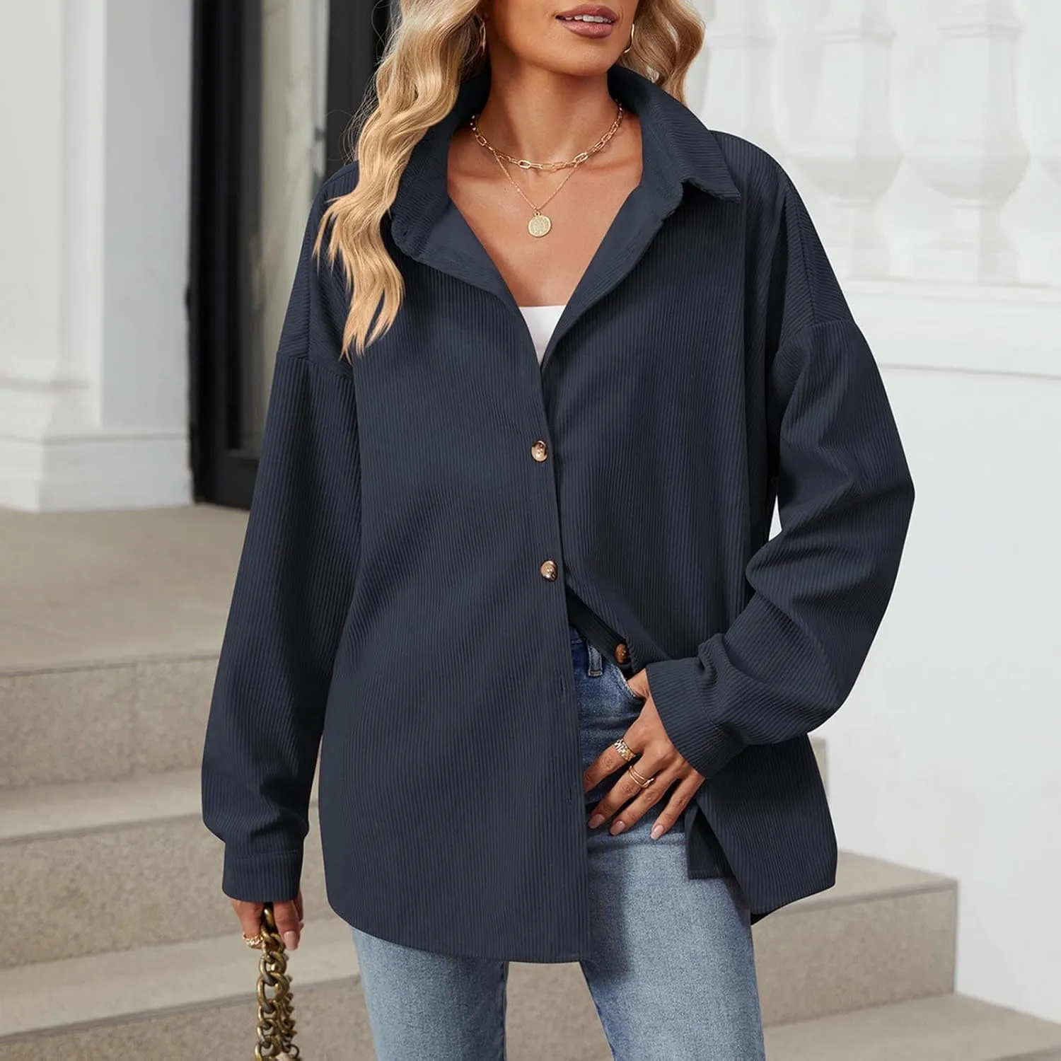 Womens 2024 Lapel Long Sleeve Solid Color Shacket Jacket Button Down Fall Shirt Coat Comfy Cute Jackets Fall Winter