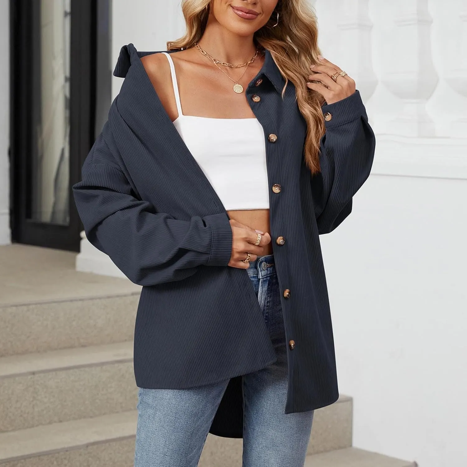 Womens 2024 Lapel Long Sleeve Solid Color Shacket Jacket Button Down Fall Shirt Coat Comfy Cute Jackets Fall Winter
