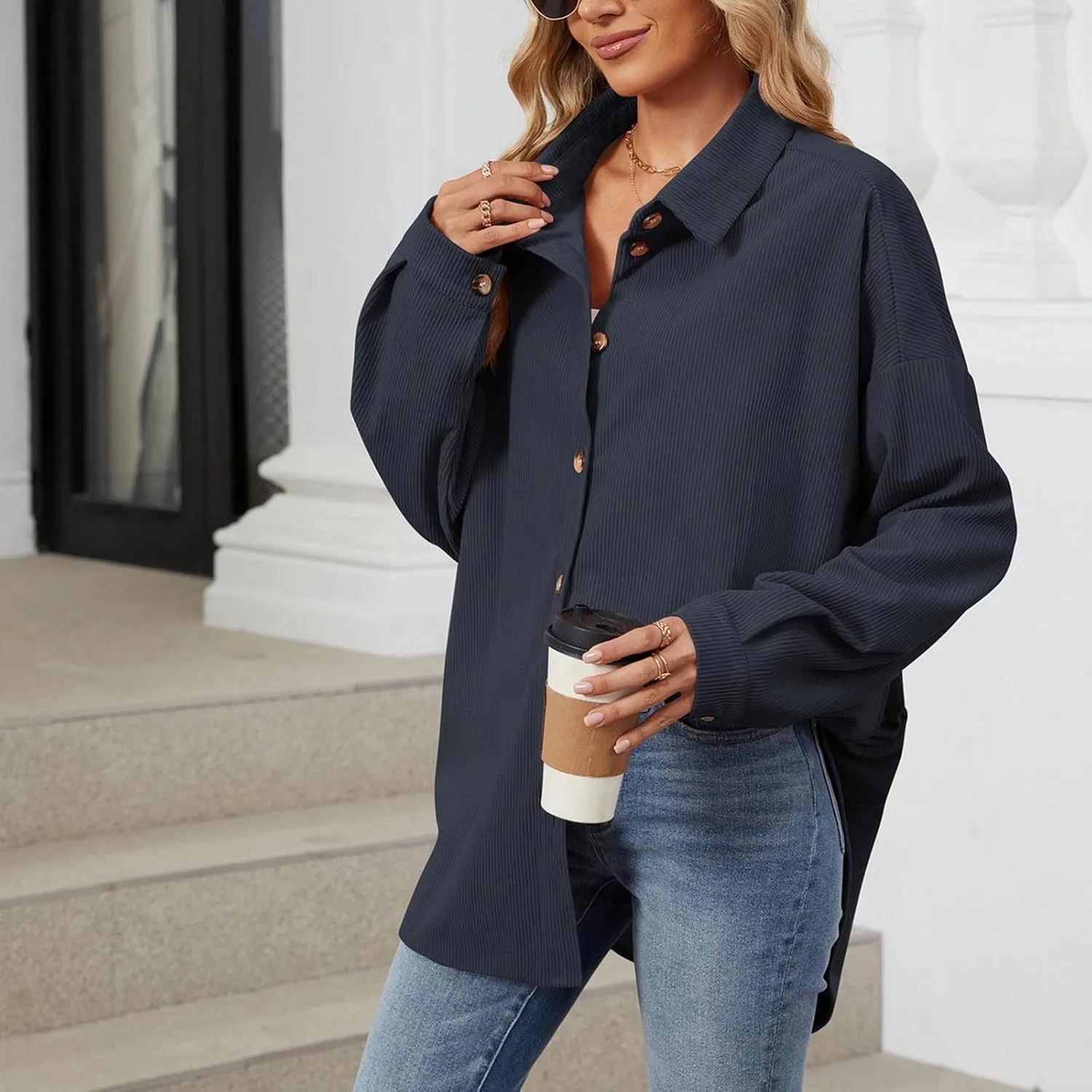 Womens 2024 Lapel Long Sleeve Solid Color Shacket Jacket Button Down Fall Shirt Coat Comfy Cute Jackets Fall Winter