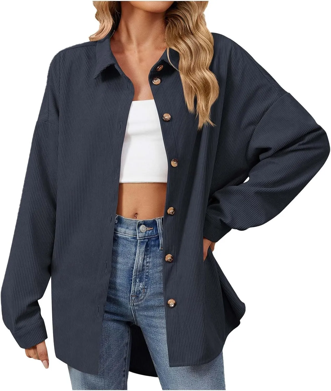 Womens 2024 Lapel Long Sleeve Solid Color Shacket Jacket Button Down Fall Shirt Coat Comfy Cute Jackets Fall Winter