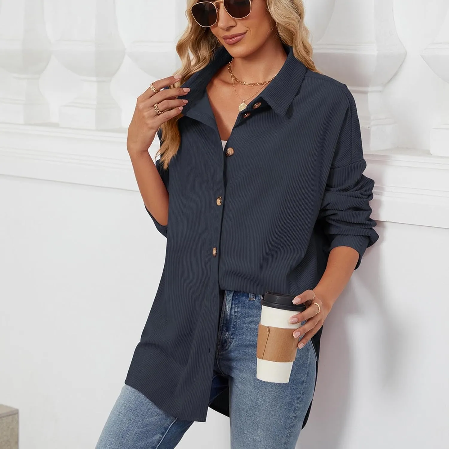 Womens 2024 Lapel Long Sleeve Solid Color Shacket Jacket Button Down Fall Shirt Coat Comfy Cute Jackets Fall Winter