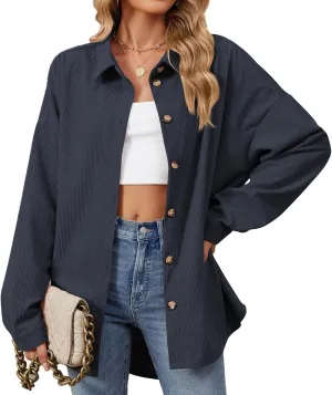 Womens 2024 Lapel Long Sleeve Solid Color Shacket Jacket Button Down Fall Shirt Coat Comfy Cute Jackets Fall Winter
