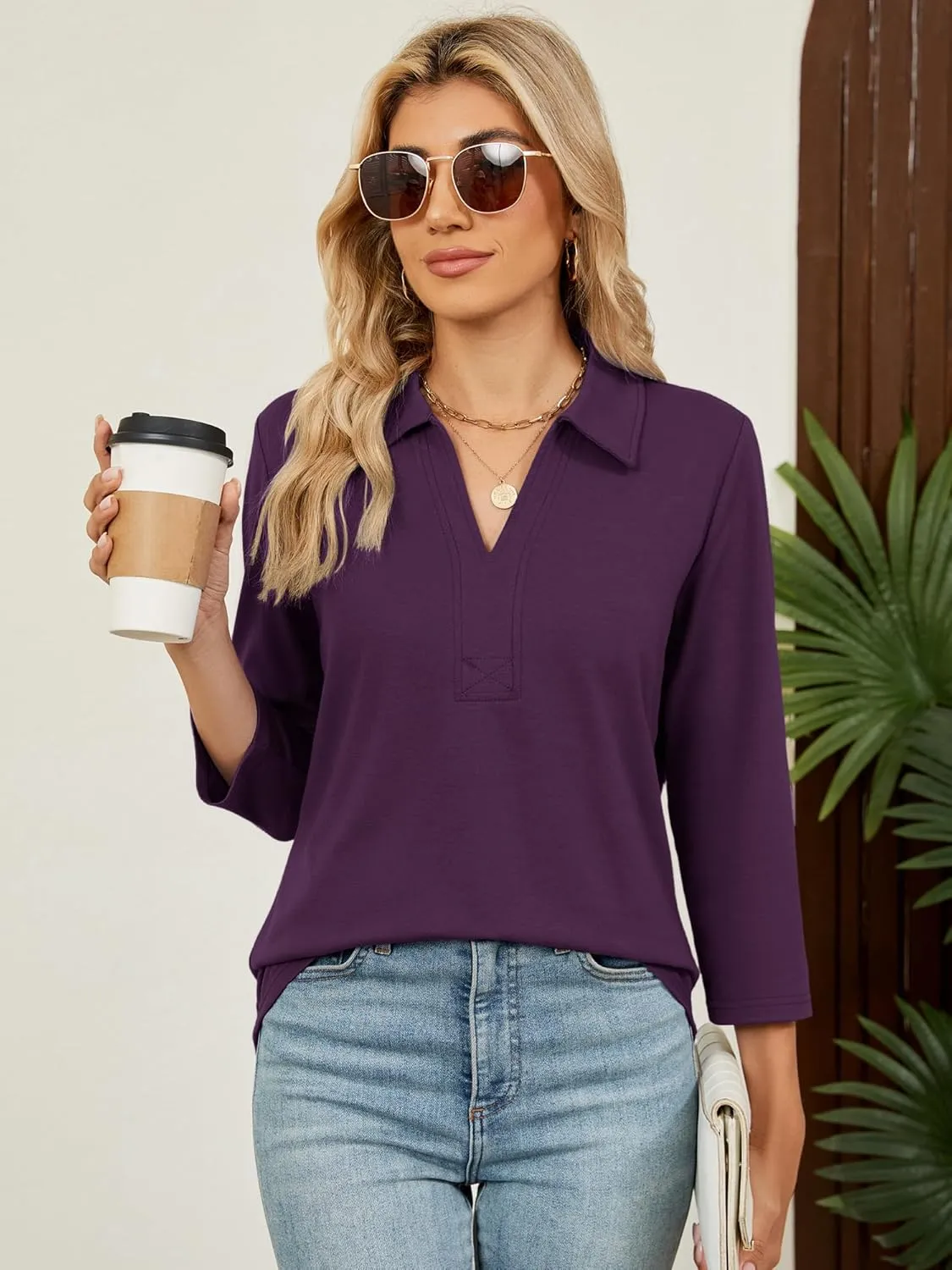 Women's 3/4 Length Sleeve V-Neck Collared Tops Summer Business Casual Work Polo Shirts Fashion Outfits 2025