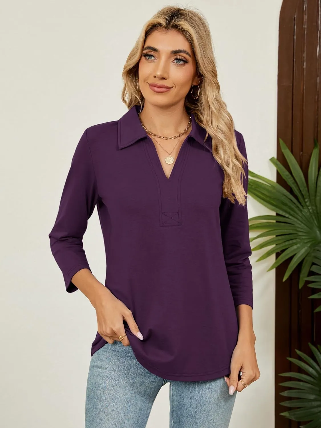 Women's 3/4 Length Sleeve V-Neck Collared Tops Summer Business Casual Work Polo Shirts Fashion Outfits 2025