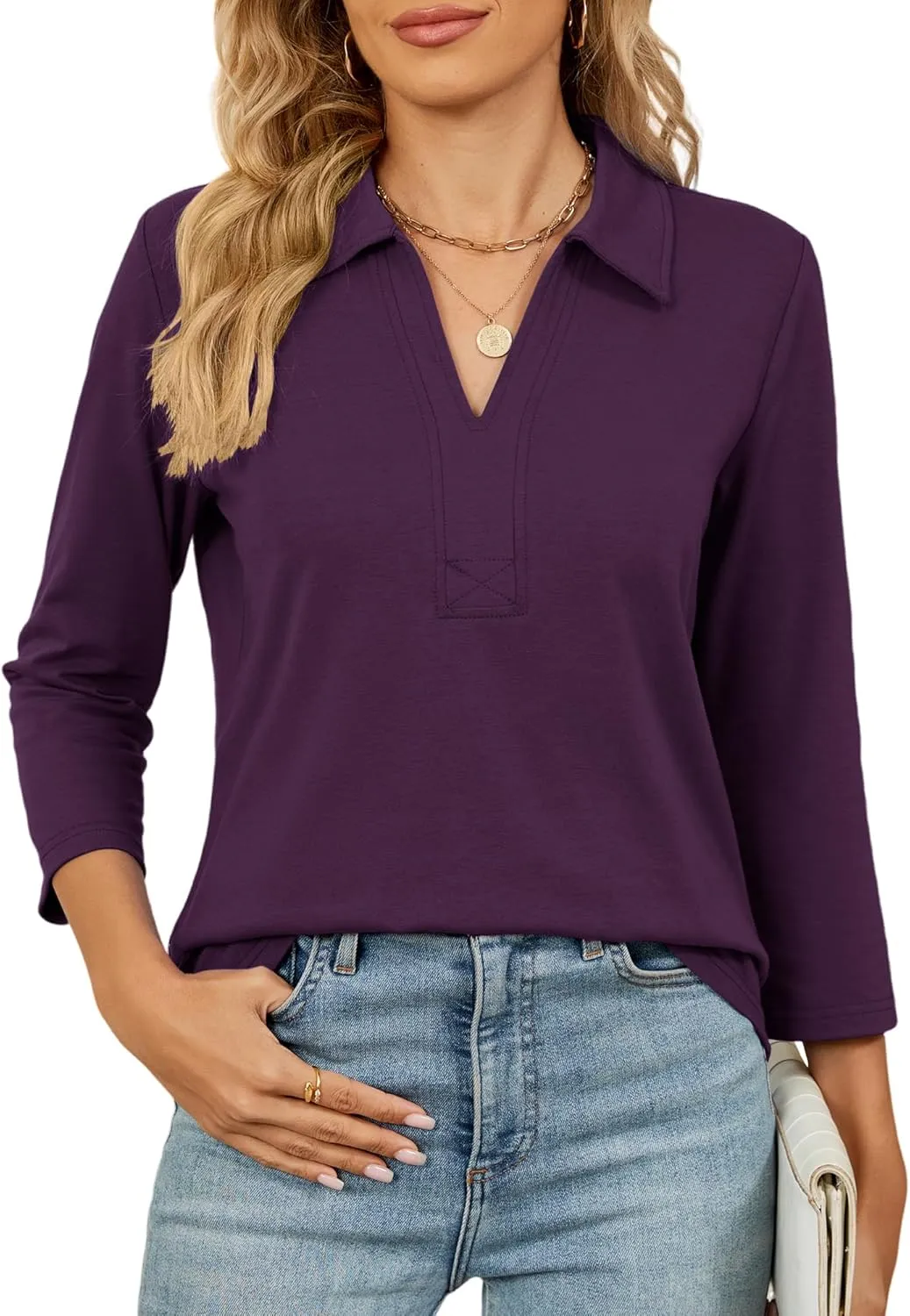 Women's 3/4 Length Sleeve V-Neck Collared Tops Summer Business Casual Work Polo Shirts Fashion Outfits 2025