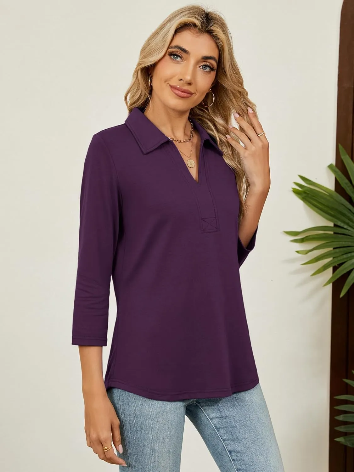 Women's 3/4 Length Sleeve V-Neck Collared Tops Summer Business Casual Work Polo Shirts Fashion Outfits 2025