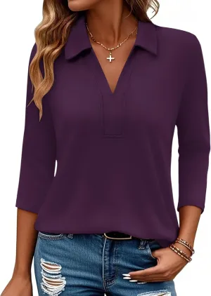 Women's 3/4 Length Sleeve V-Neck Collared Tops Summer Business Casual Work Polo Shirts Fashion Outfits 2025