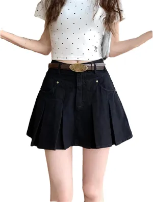 Women's A-Line Pleated Denim Skirt Vintage Mini Cowboy Skirts