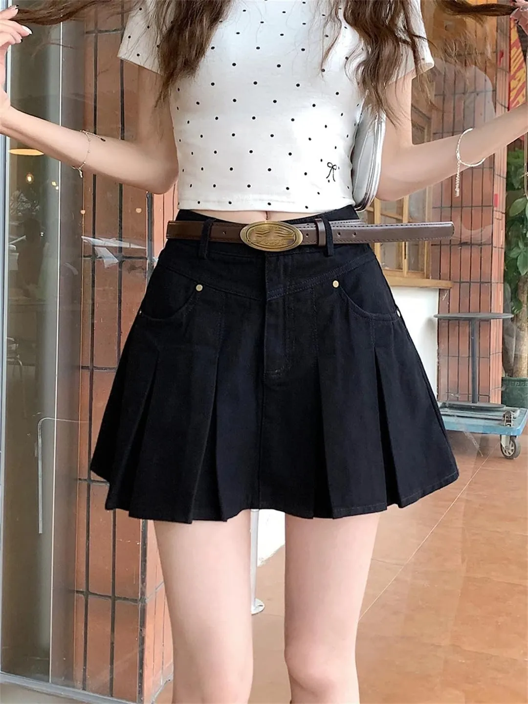 Women's A-Line Pleated Denim Skirt Vintage Mini Cowboy Skirts