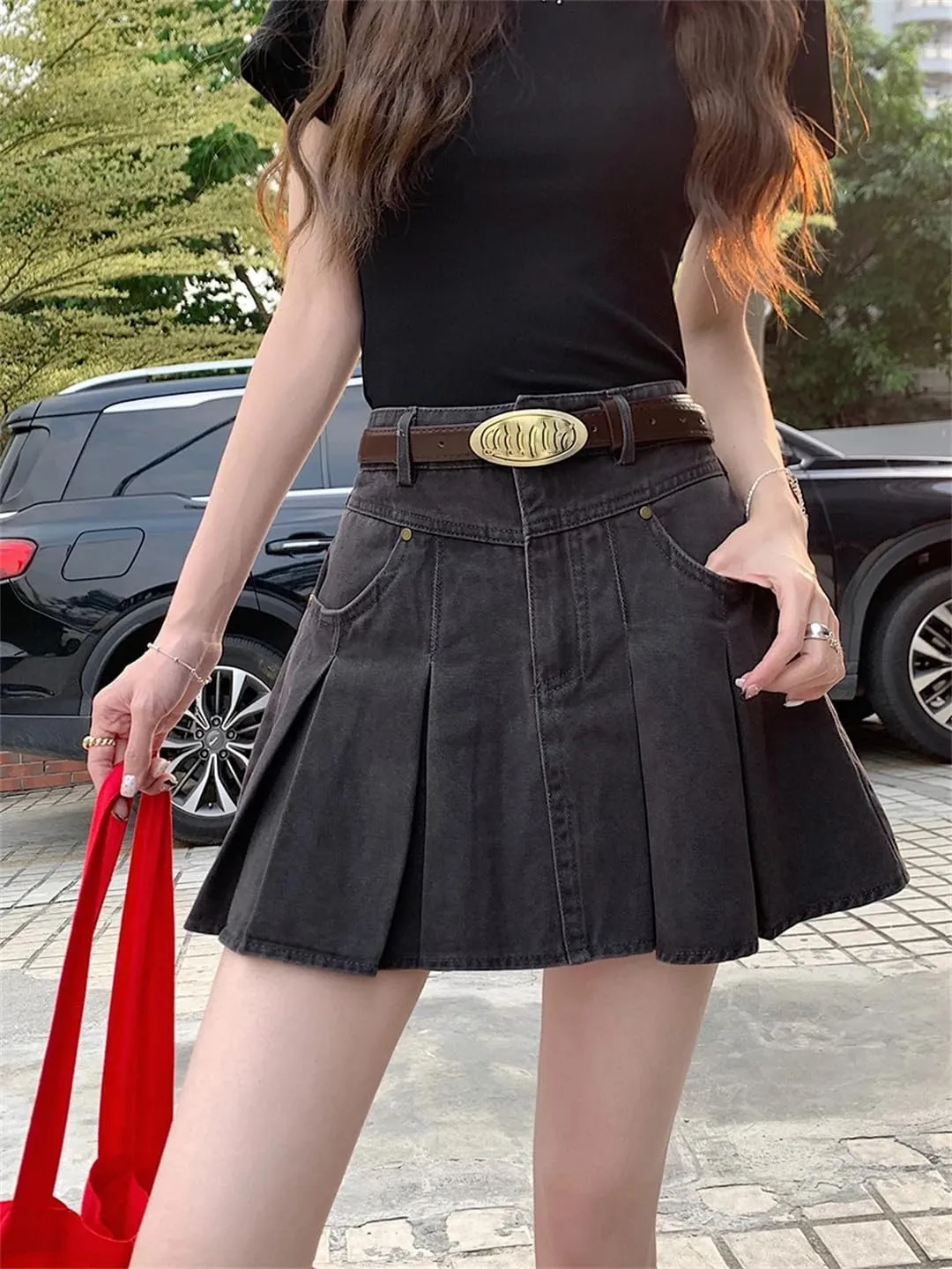 Women's A-Line Pleated Denim Skirt Vintage Mini Cowboy Skirts