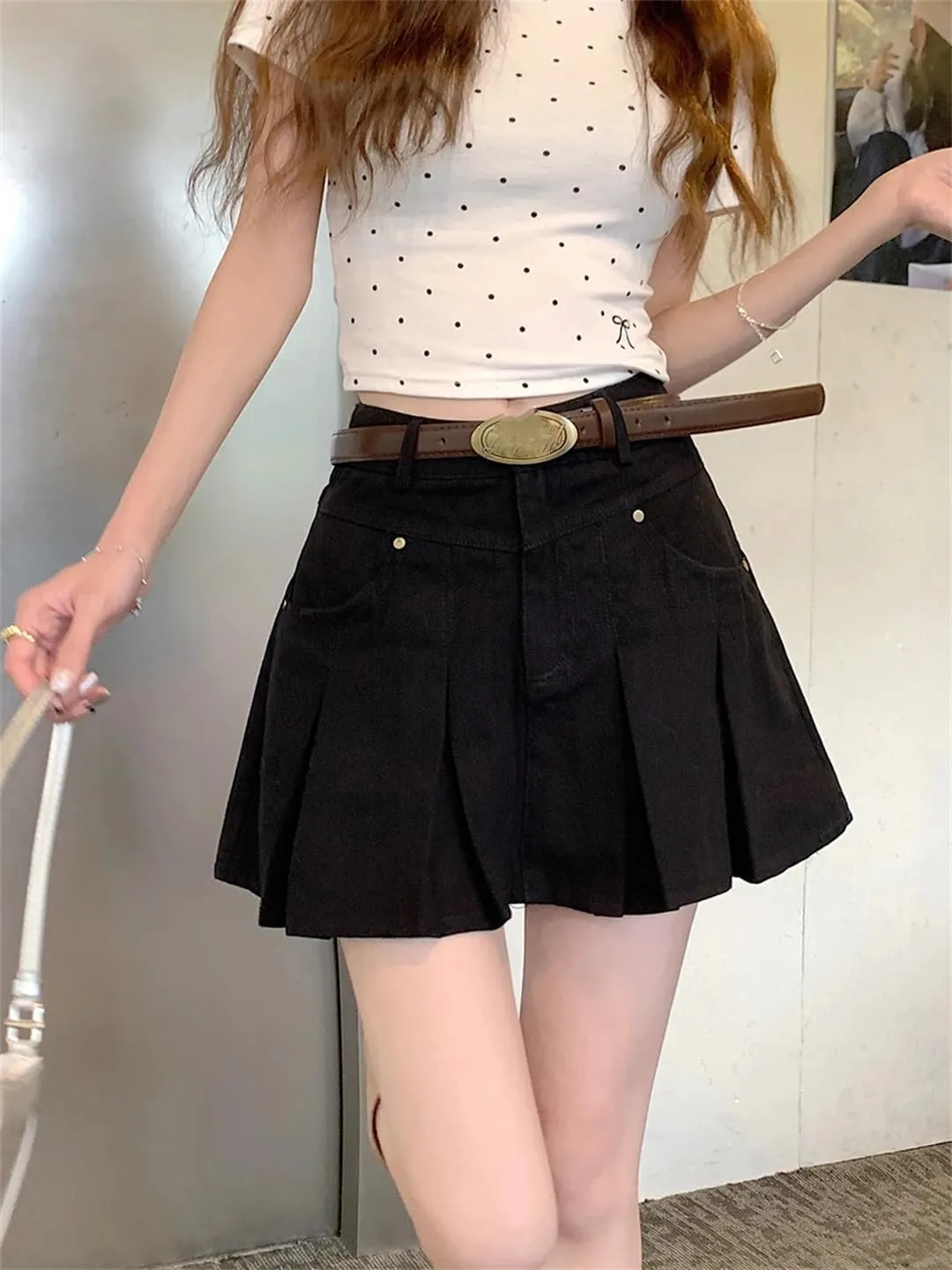 Women's A-Line Pleated Denim Skirt Vintage Mini Cowboy Skirts