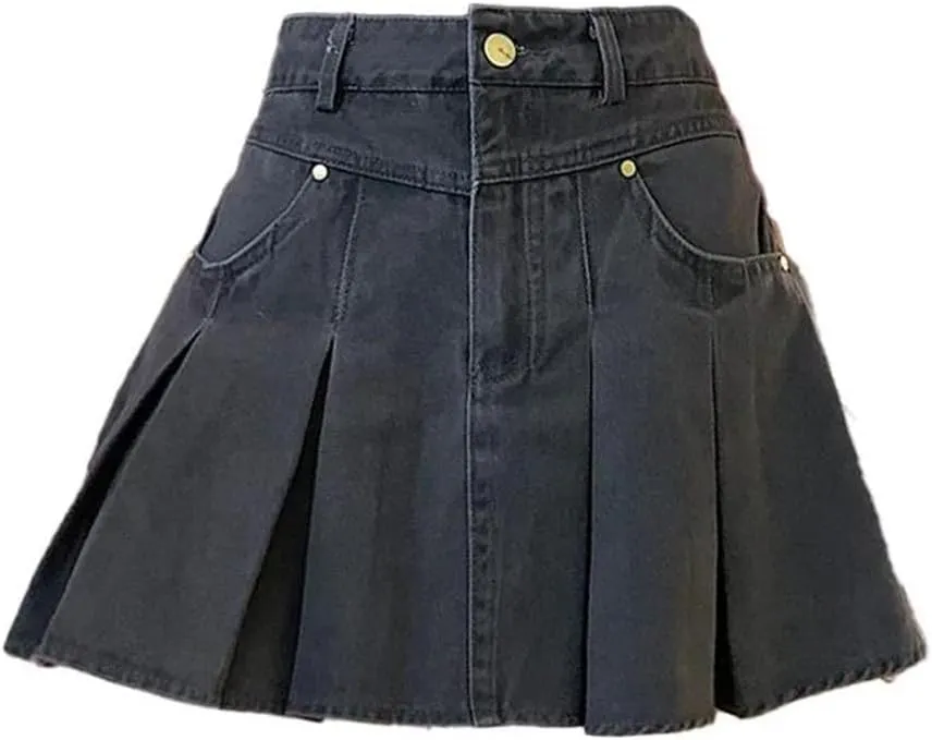 Women's A-Line Pleated Denim Skirt Vintage Mini Cowboy Skirts