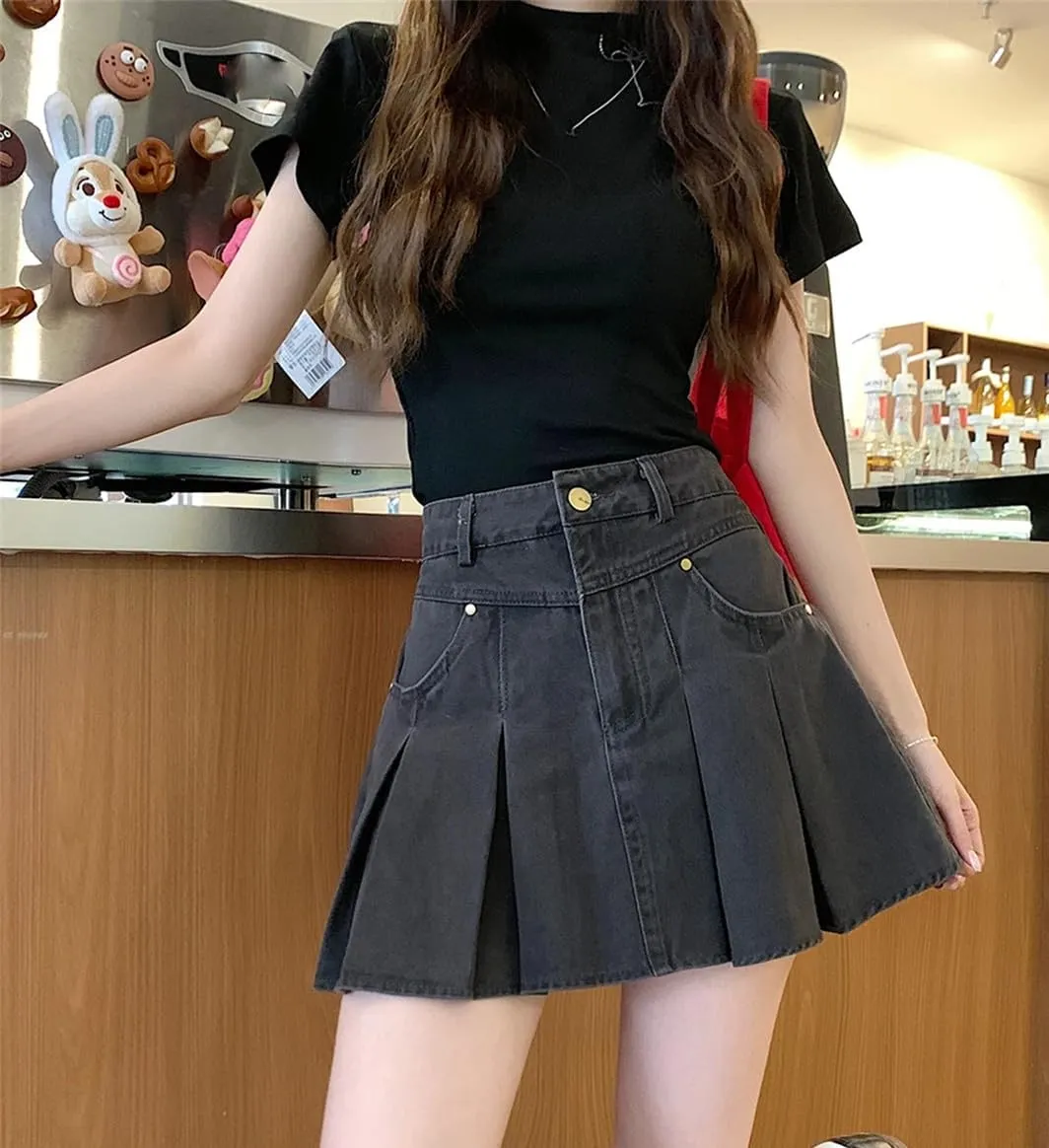 Women's A-Line Pleated Denim Skirt Vintage Mini Cowboy Skirts