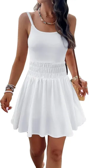 Women's Athletic Dress Sleeveless Onesie Workout Mini Dress Elastic Waistband Swing Tennis Dresses