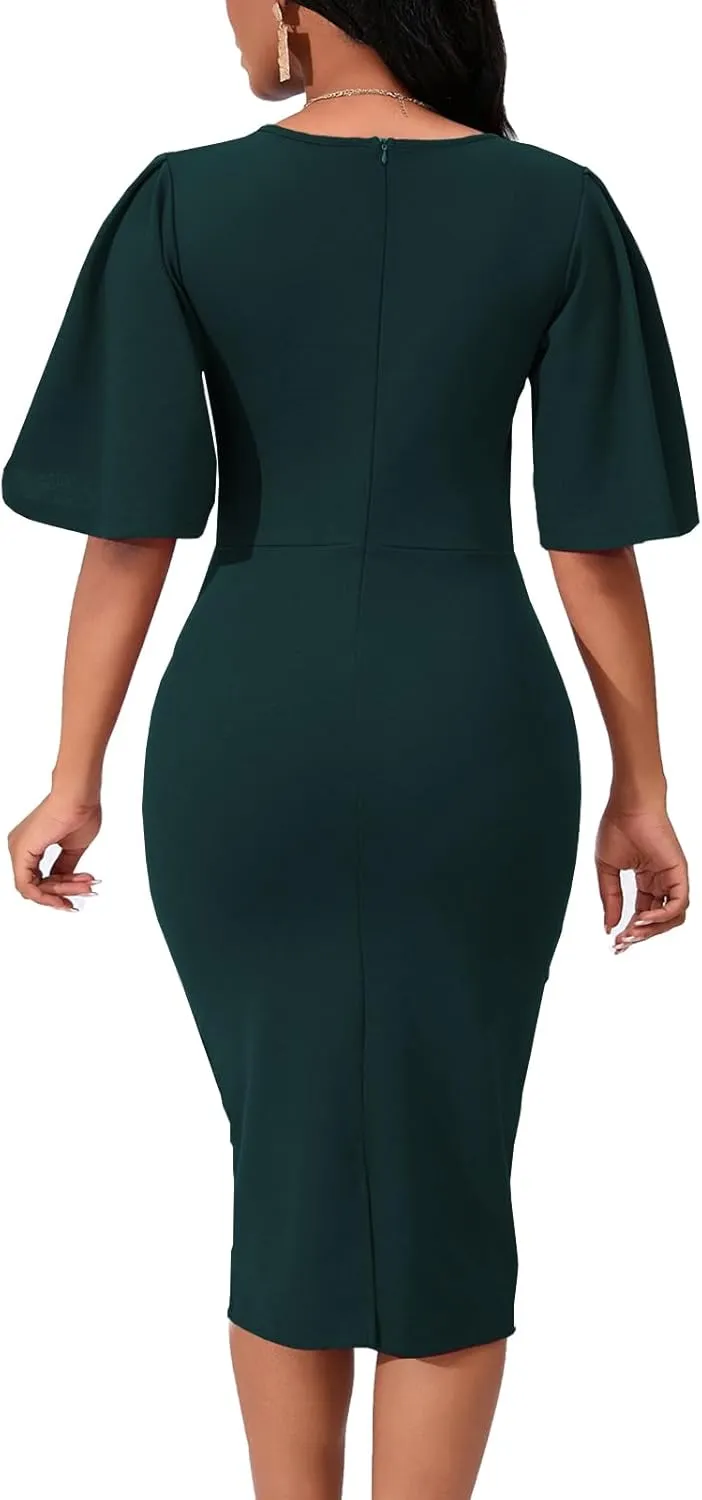 Women's Basic Bodycon Ruffle Flared Short Sleeve Pencil Midi Dress