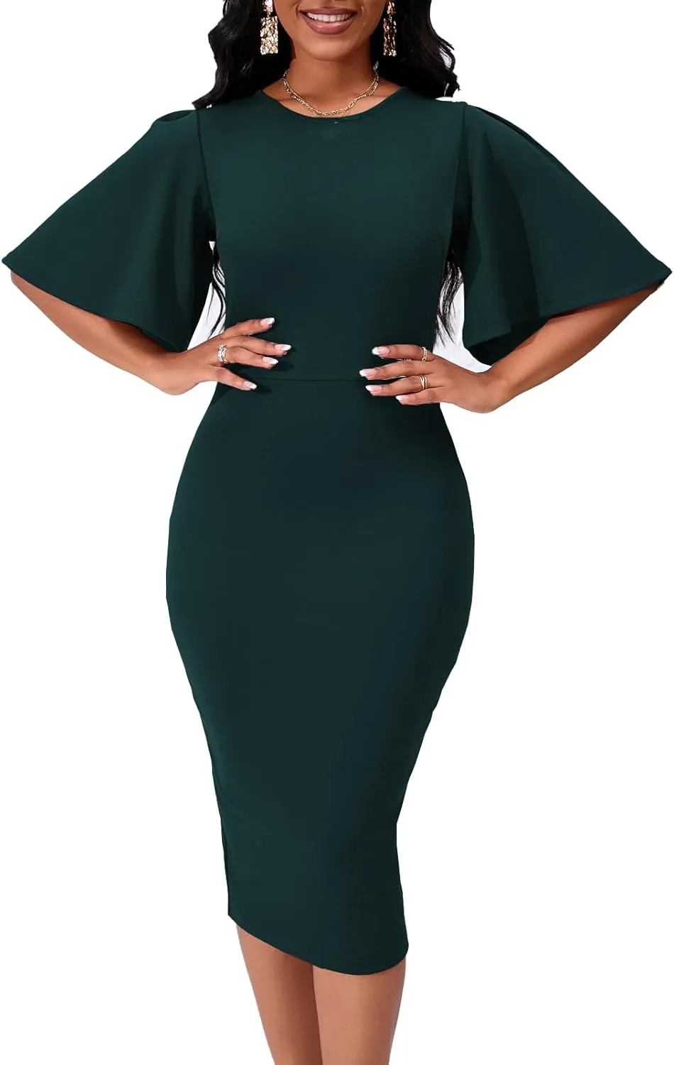 Women's Basic Bodycon Ruffle Flared Short Sleeve Pencil Midi Dress
