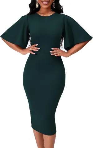 Women's Basic Bodycon Ruffle Flared Short Sleeve Pencil Midi Dress