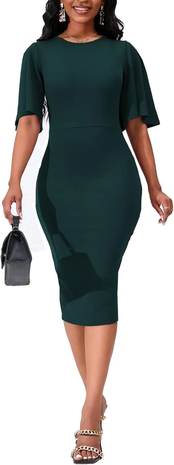 Women's Basic Bodycon Ruffle Flared Short Sleeve Pencil Midi Dress