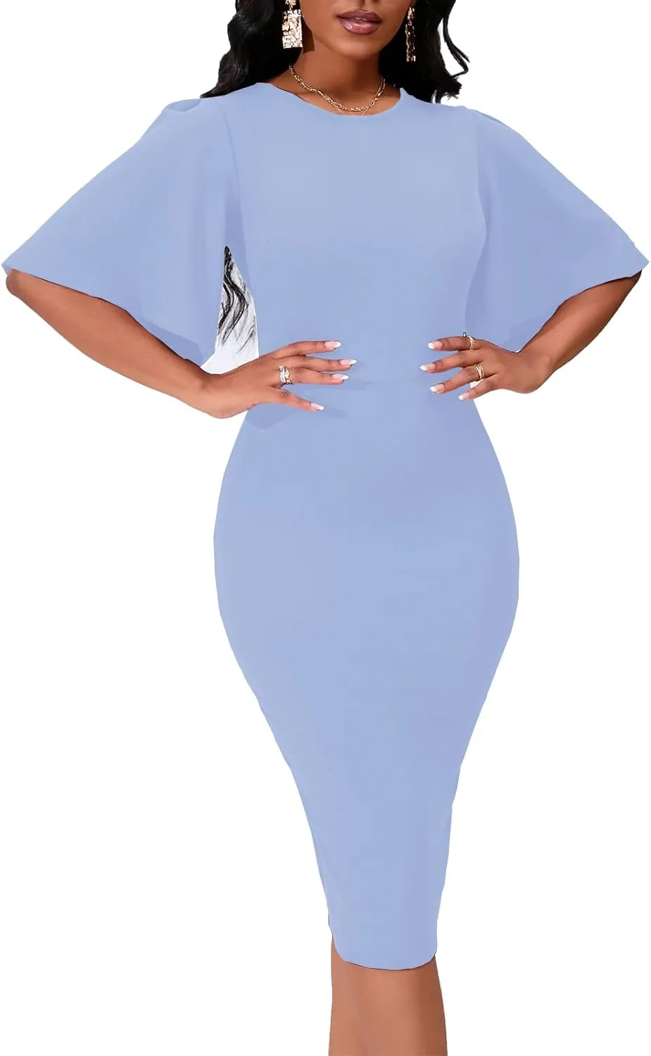 Women's Basic Bodycon Ruffle Flared Short Sleeve Pencil Midi Dress