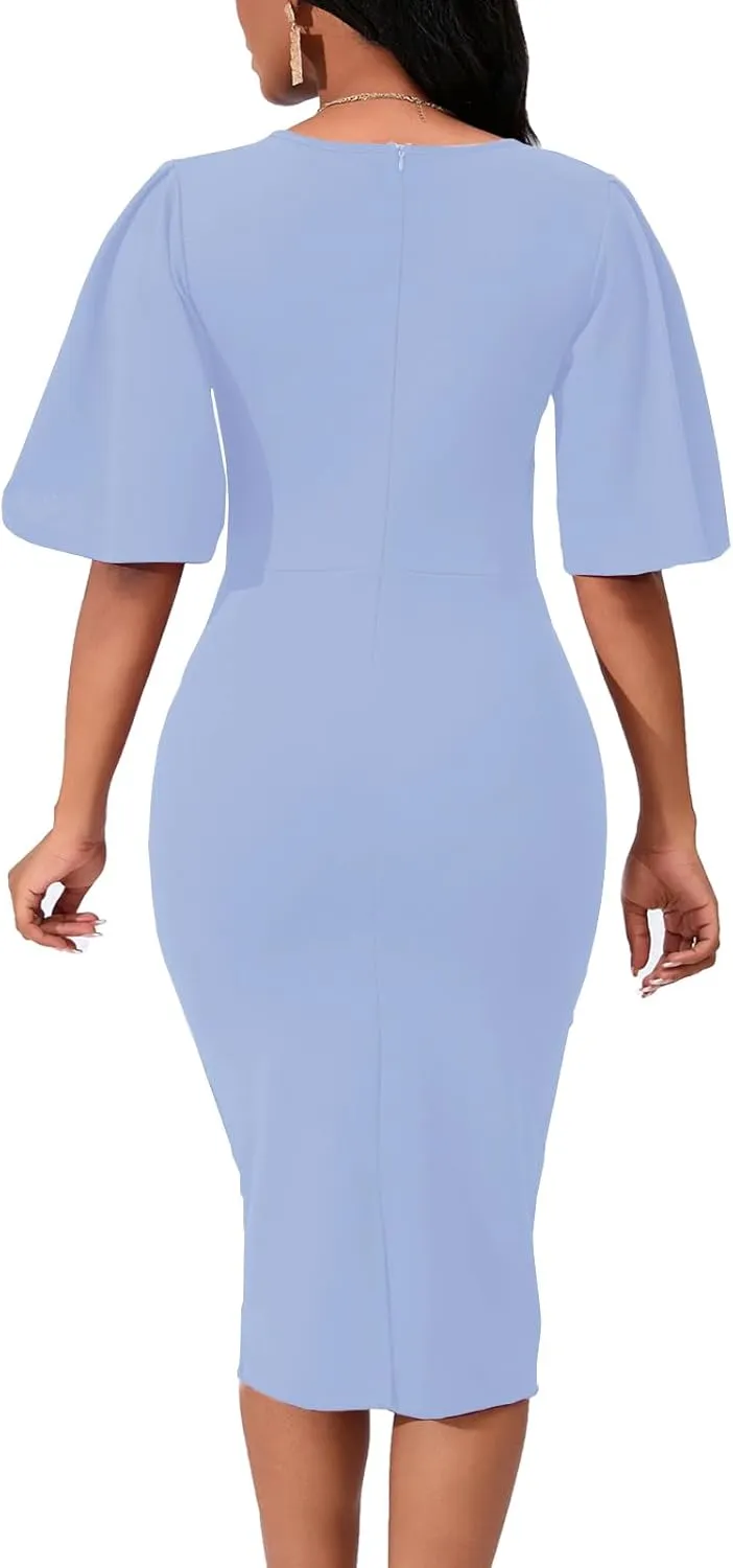 Women's Basic Bodycon Ruffle Flared Short Sleeve Pencil Midi Dress